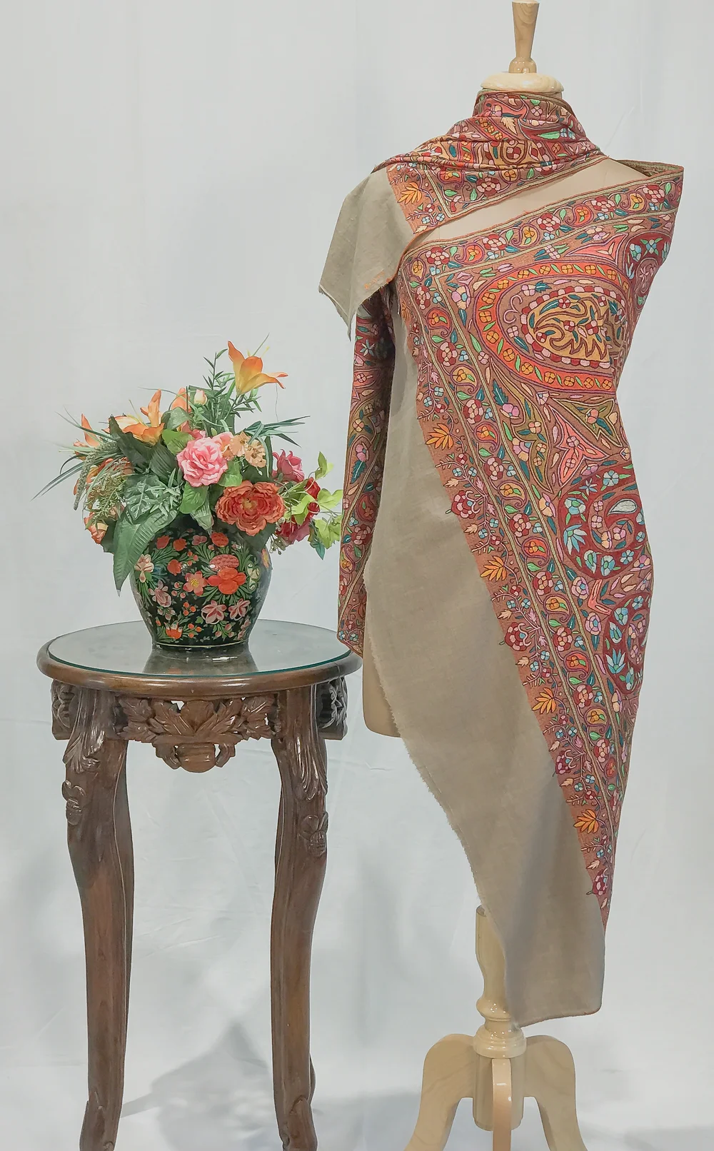 Natural Beige Hand Papier Mache Jamawar Pure Pashmina Shawl Natural Beige Hand Papier Mache Jamawar Pure Pashmina Shawl