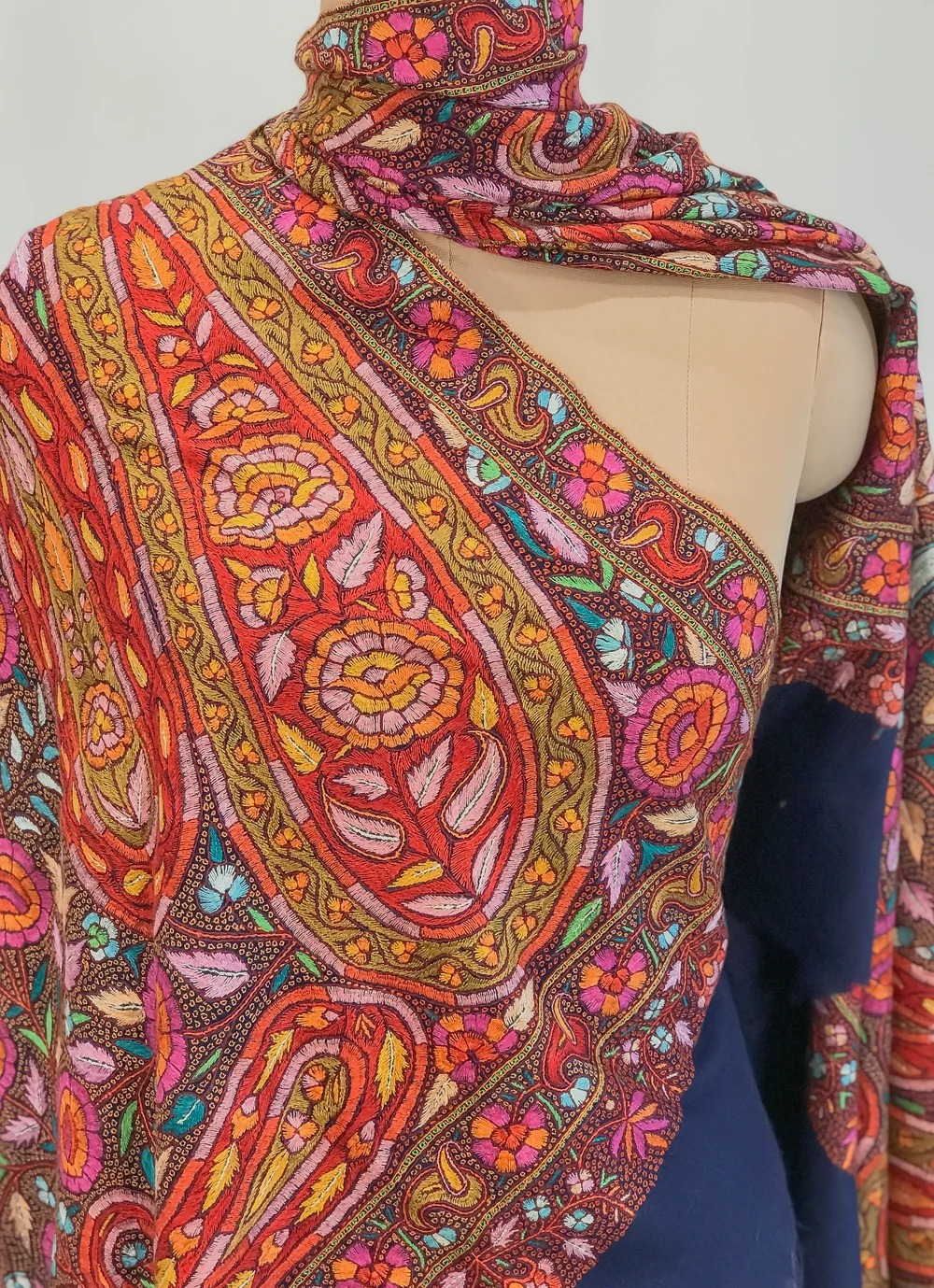 Navy Blue Hand Papier Mache Jamawar Pure Pashmina Shawl Front Navy Blue Hand Papier Mache Jamawar Pure Pashmina Shawl Front