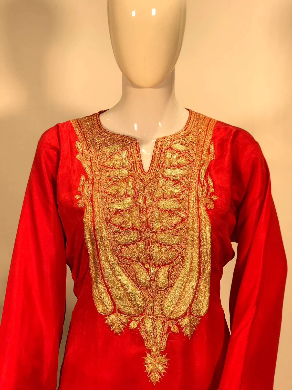 Red Pure Silk Salwar Suit with Tilla Embroidery Close up Red Pure Silk Salwar Suit with Tilla Embroidery Close up