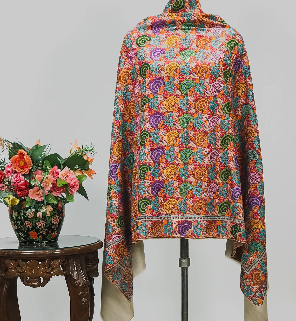 Floral Jama Papier Mache Hand Embroidered Pure Pashmina Shawl