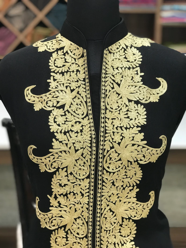 Achkan Style Zari Embroidered Salwar Suit close up