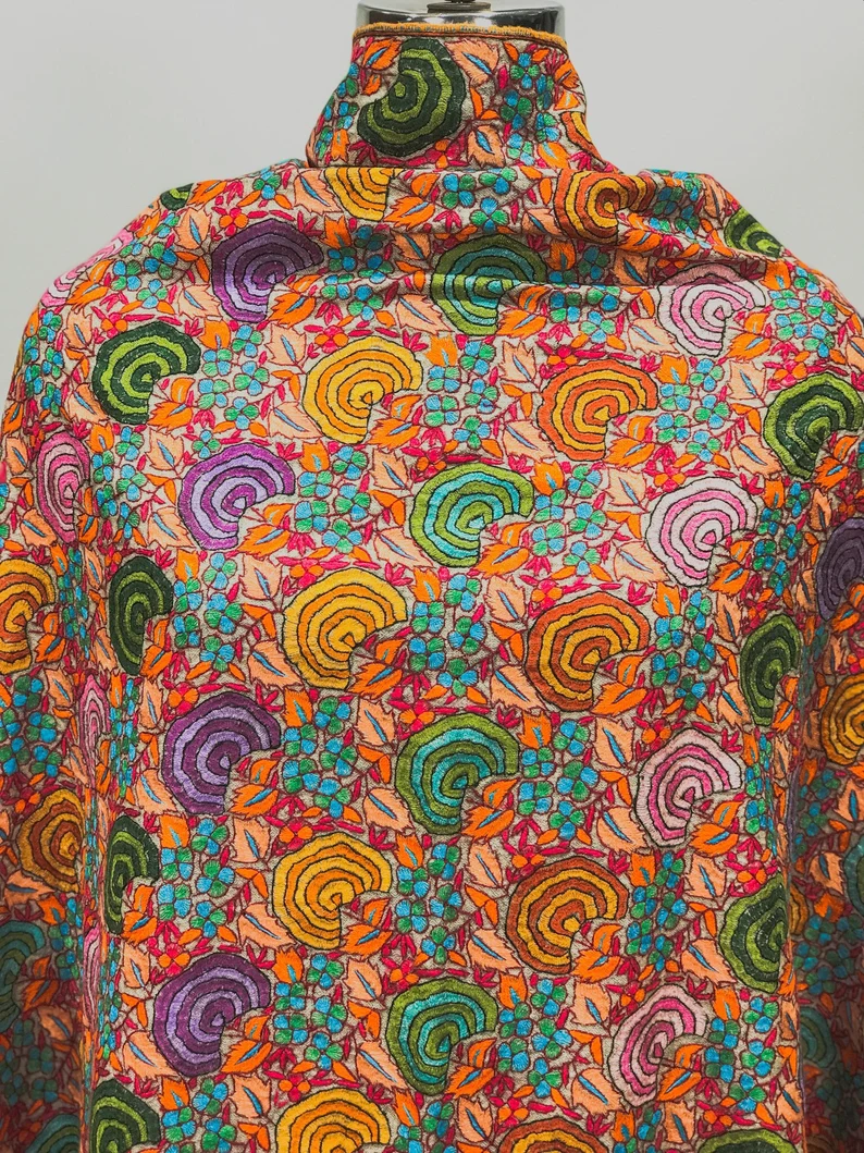 Floral Jama Papier Mache Hand Embroidered Pure Pashmina Shawl close up