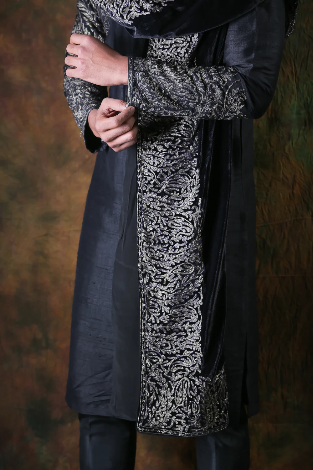 Black Raw Silk Kurta Pyjama with Velvet Shawl with Kashmiri Zari Thread Embroidery Close up