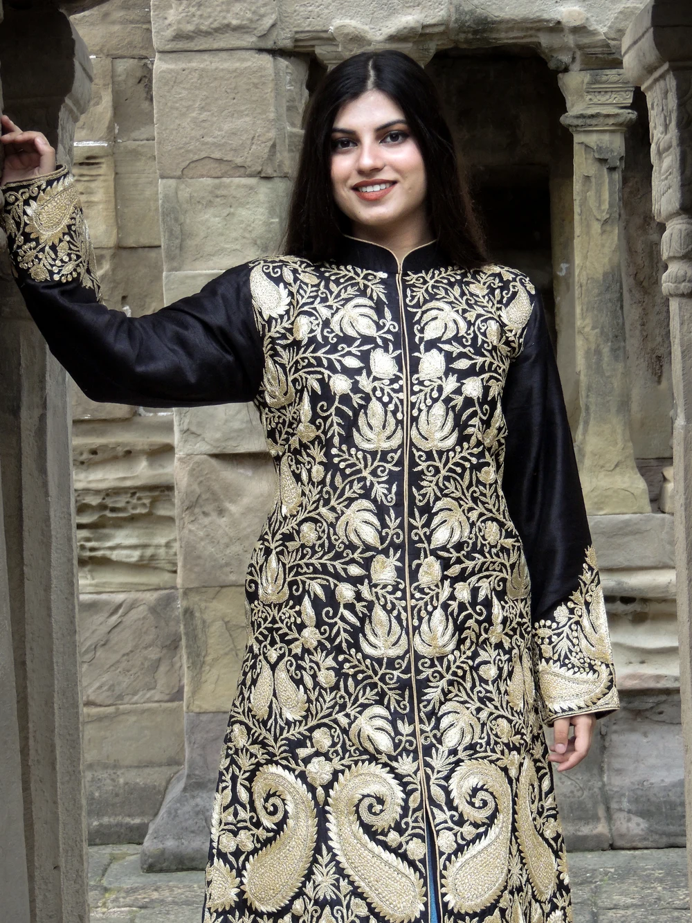 Black Kashmiri Jacket With Chinar Jaal Tilla Embroidery Front Black Kashmiri Jacket With Chinar Jaal Tilla Embroidery Front