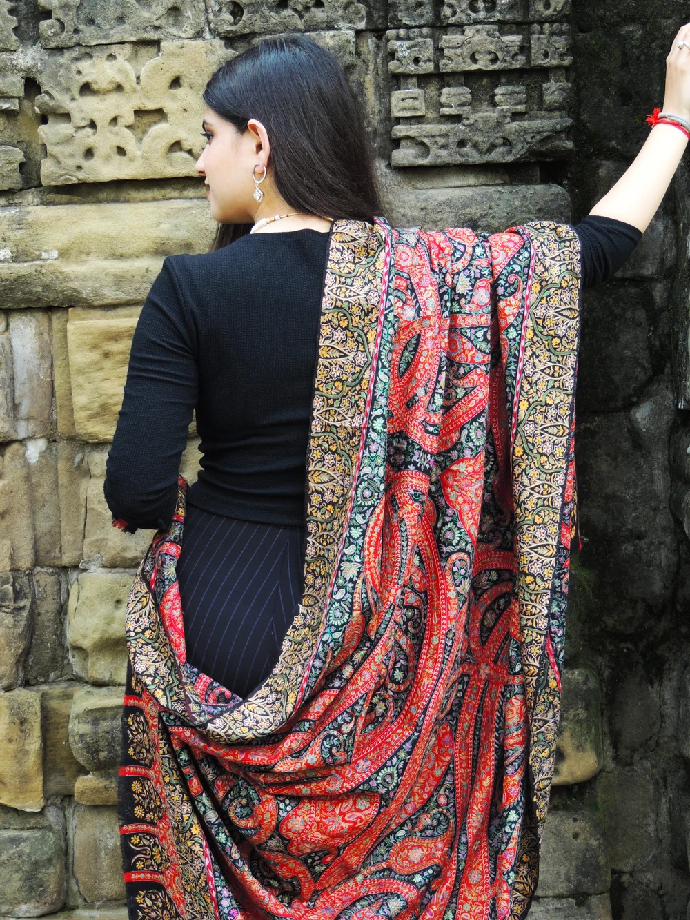 Black Pure Pashmina Kalamkari Shawl Back