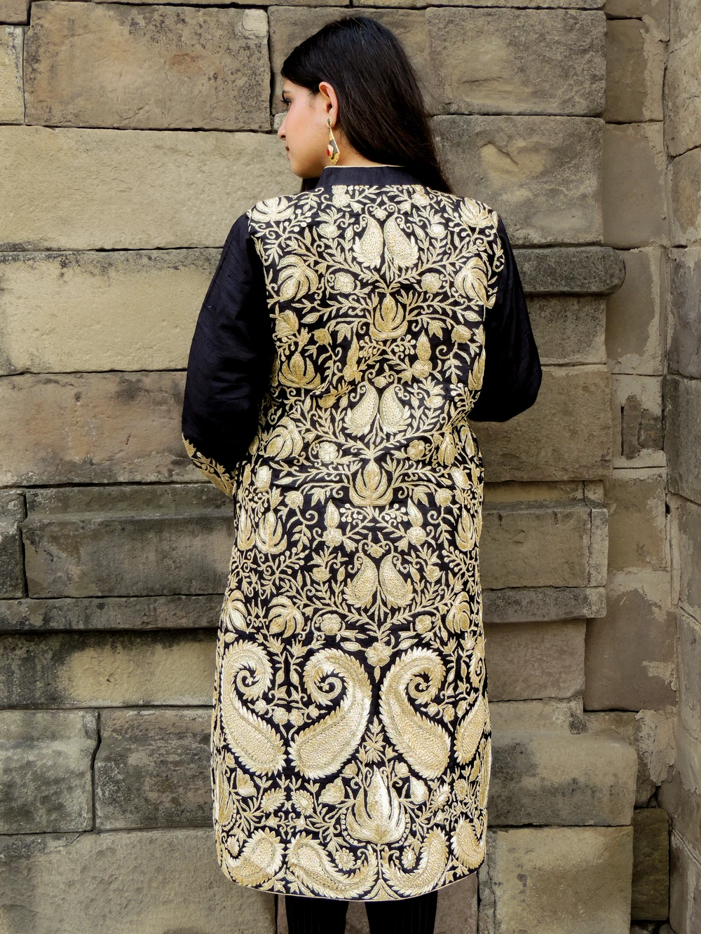 Black Kashmiri Jacket With Chinar Jaal Tilla Embroidery Back Black Kashmiri Jacket With Chinar Jaal Tilla Embroidery Back