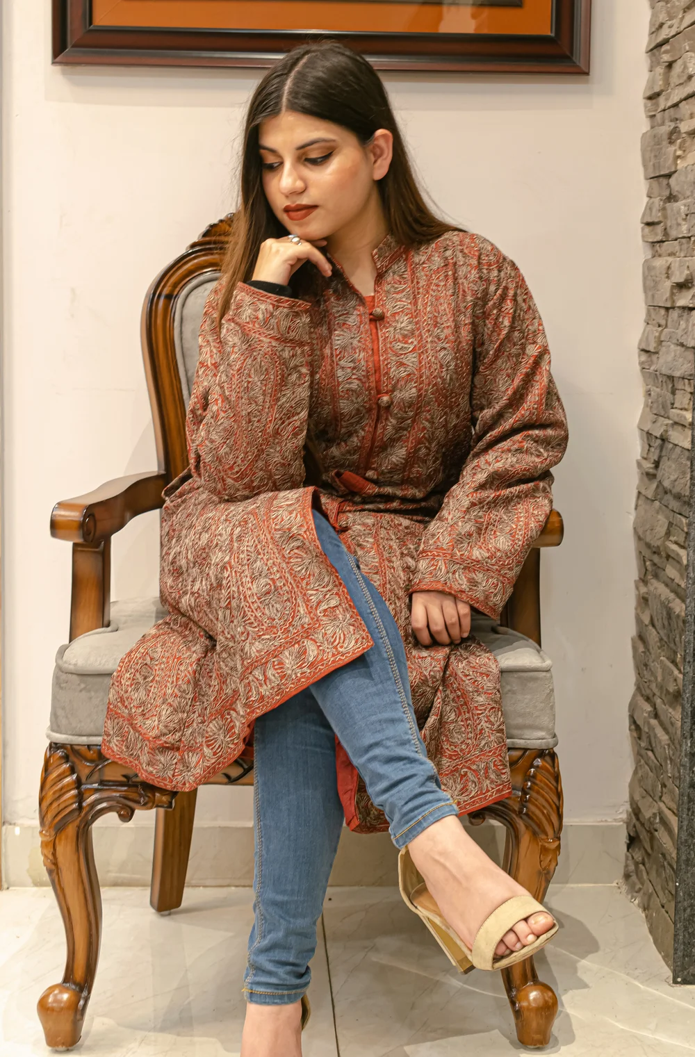 Deep Maroon Raw Silk Jacket with Silk and Aari Work