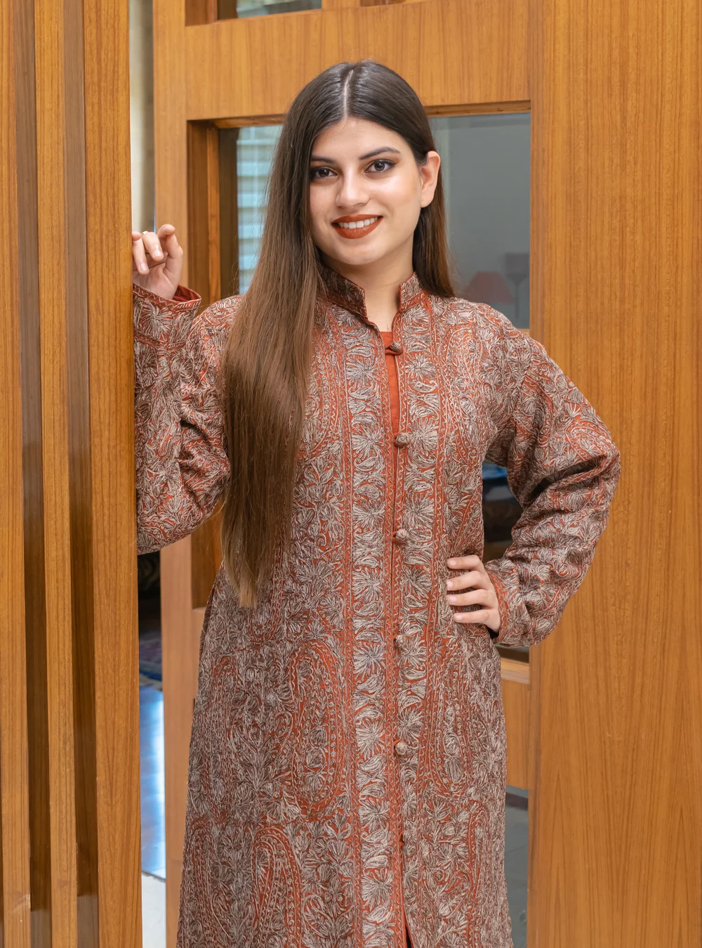 Deep Maroon Raw Silk Jacket with Silk and Aari Work front