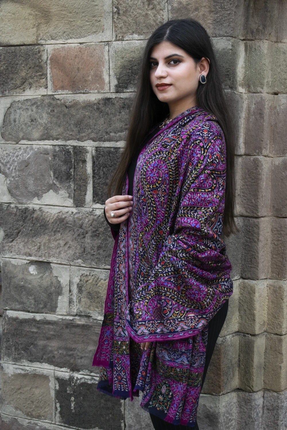 Navy Blue Pure Pashmina Kalamkari Shawl side