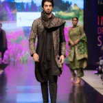 Black Raw Silk Kurta Pyjama with Velvet Shawl with Kashmiri Zari Thread Embroidery Front