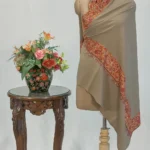 Natural Dark Beige Pure Pashmina Shawl With Sozni Hand Embroidery