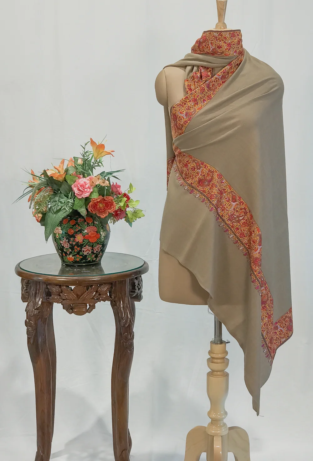 Natural Dark Beige Pure Pashmina Shawl With Sozni Hand Embroidery