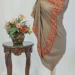 Natural Dark Beige Pure Pashmina Shawl With Sozni Hand Embroidery