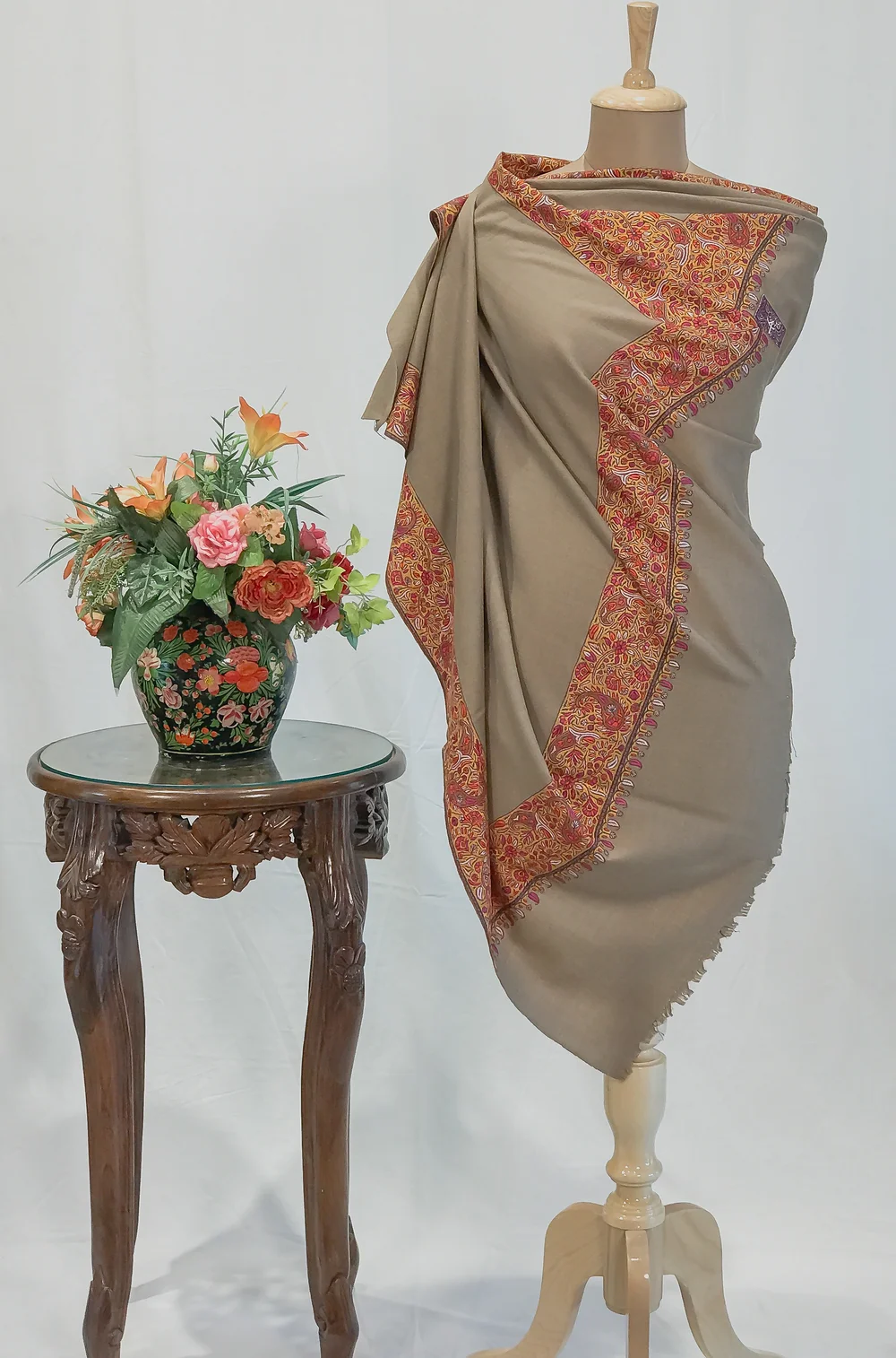 Natural Dark Beige Pure Pashmina Shawl With Sozni Hand Embroidery