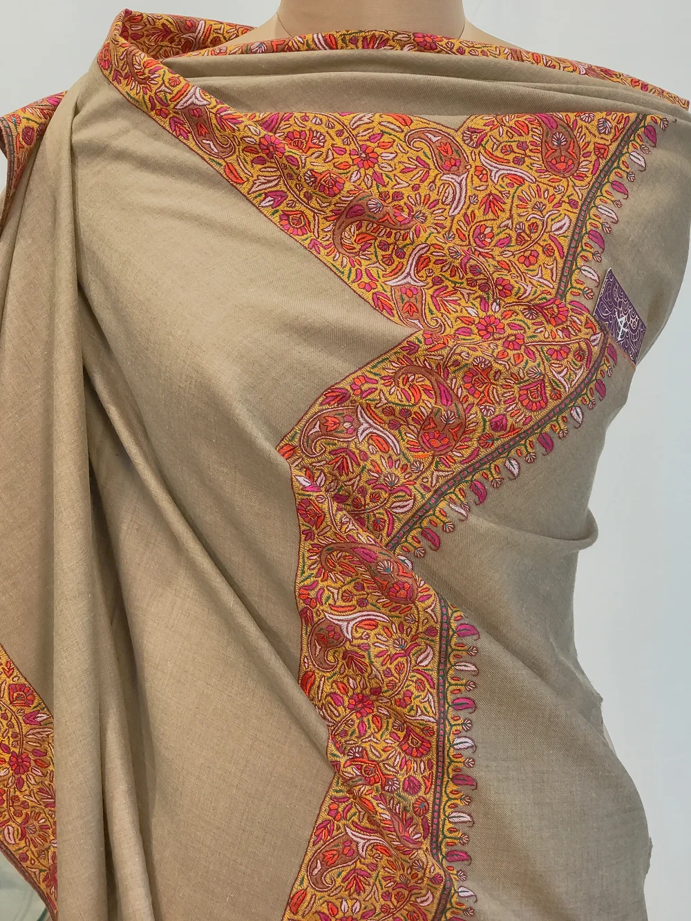 Natural Dark Beige Pure Pashmina Shawl With Sozni Hand Embroidery Front