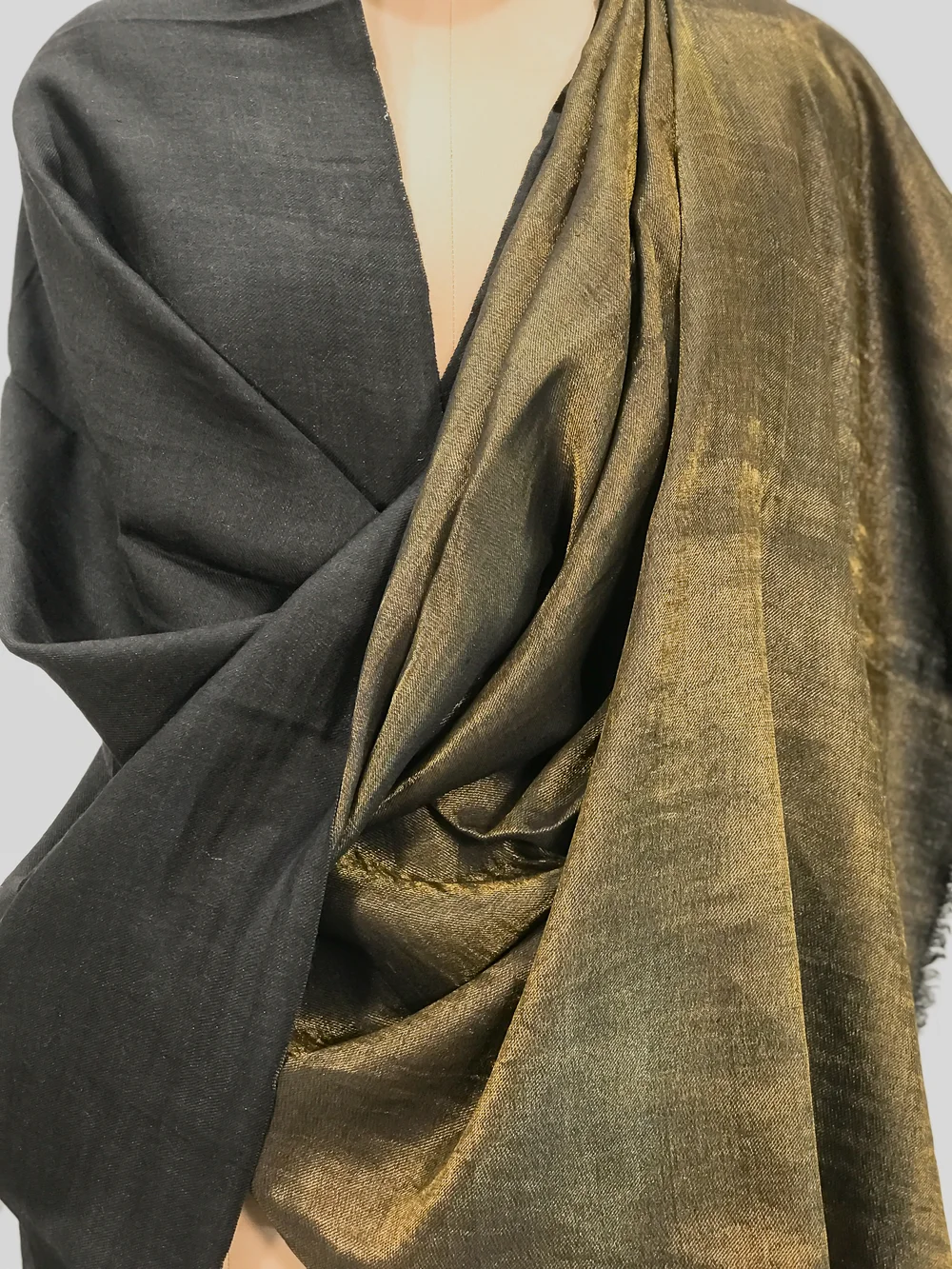 Black Pure Pashmina and Zari Wooven Reversible Shawl Front Black Pure Pashmina and Zari Wooven Reversible Shawl Front