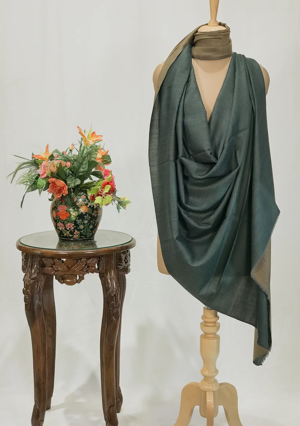 Teal Green and Camel Pure Pashmina Reversible Shawl