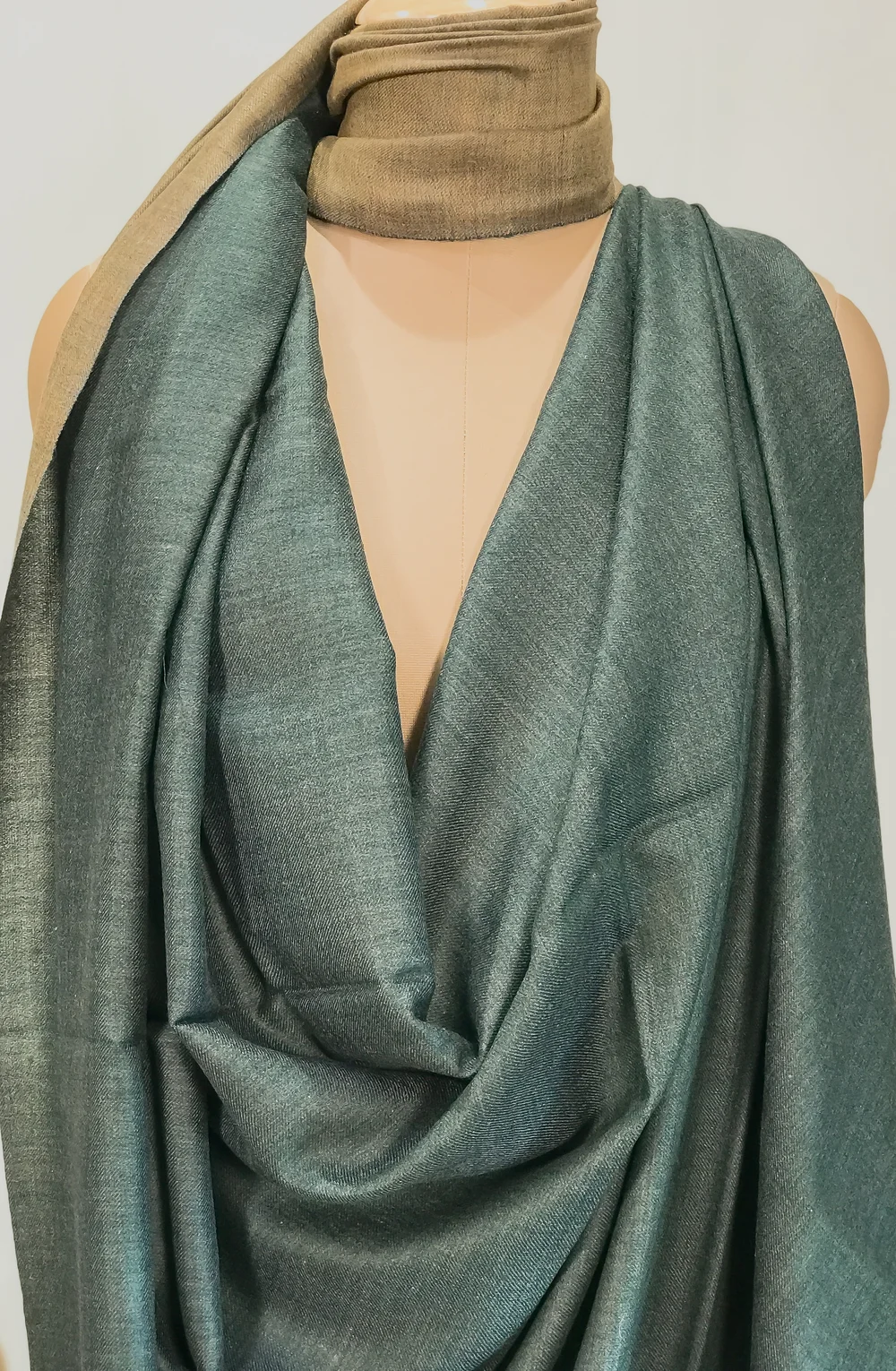 Teal Green and Camel Pure Pashmina Reversible Shawl Front