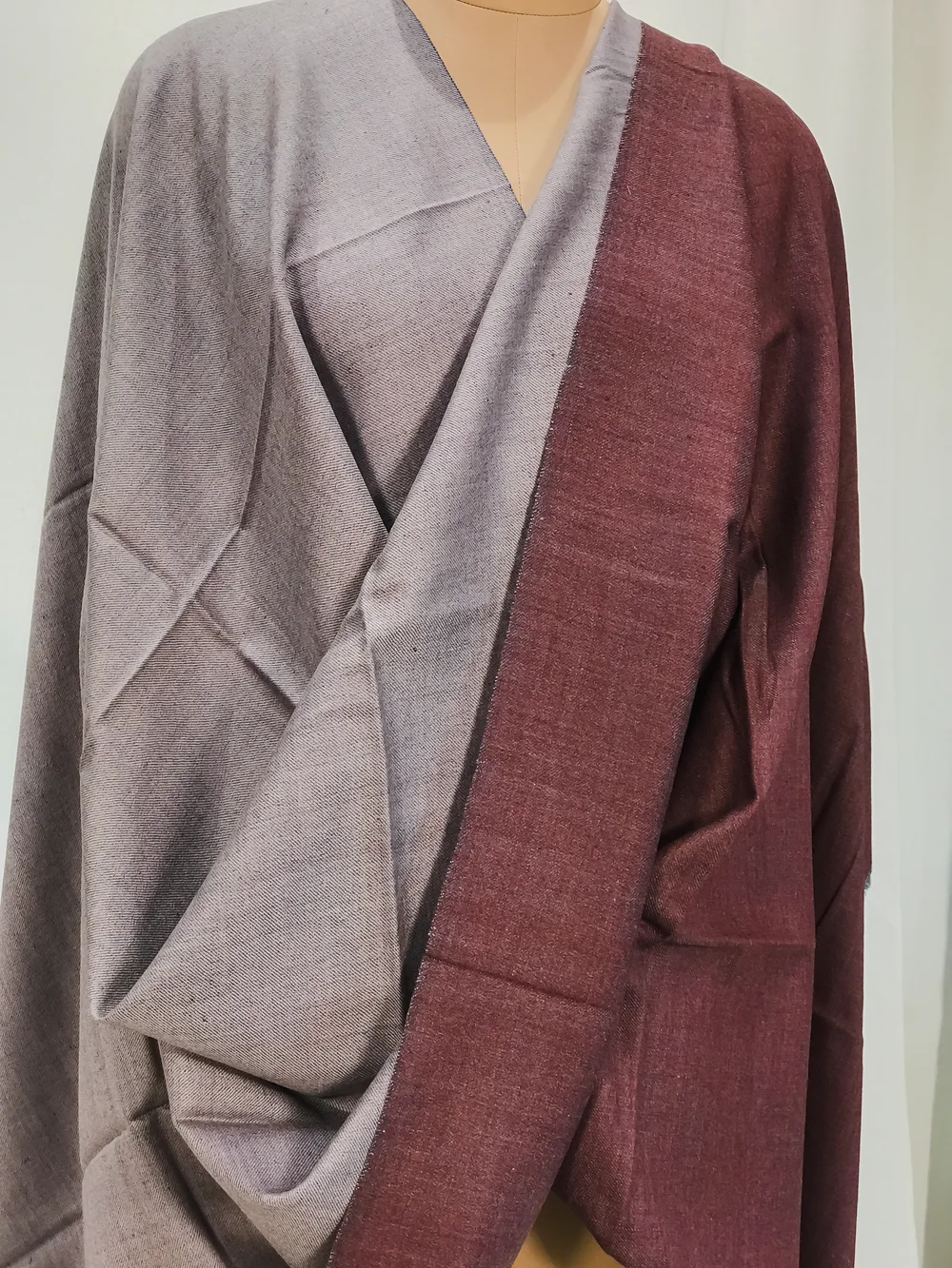 Grey and Burgundy Pure Pashmina Reversible Shawl Front Grey and Burgundy Pure Pashmina Reversible Shawl Front