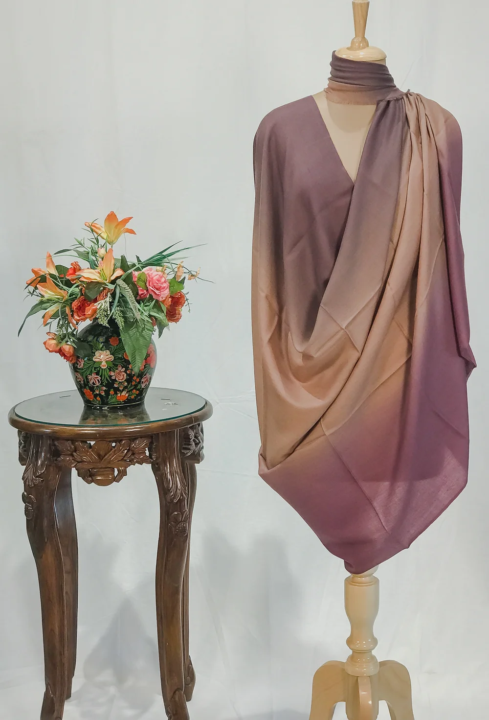 Light Violet, Beige and Brown Pure Pashmina Ombre Shawl