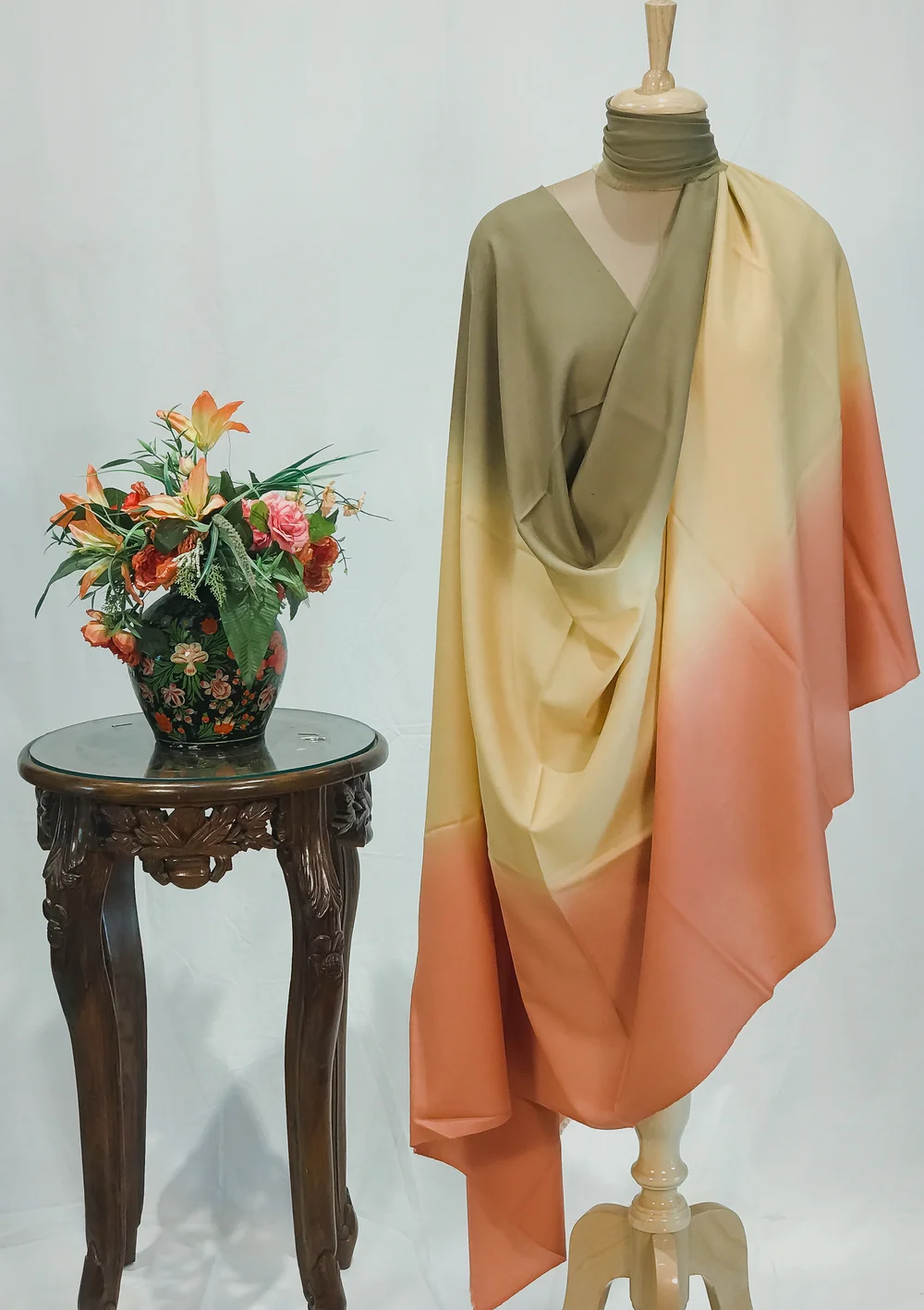 Olive Green, Yellow and Orange Pure Pashmina Ombre Shawl