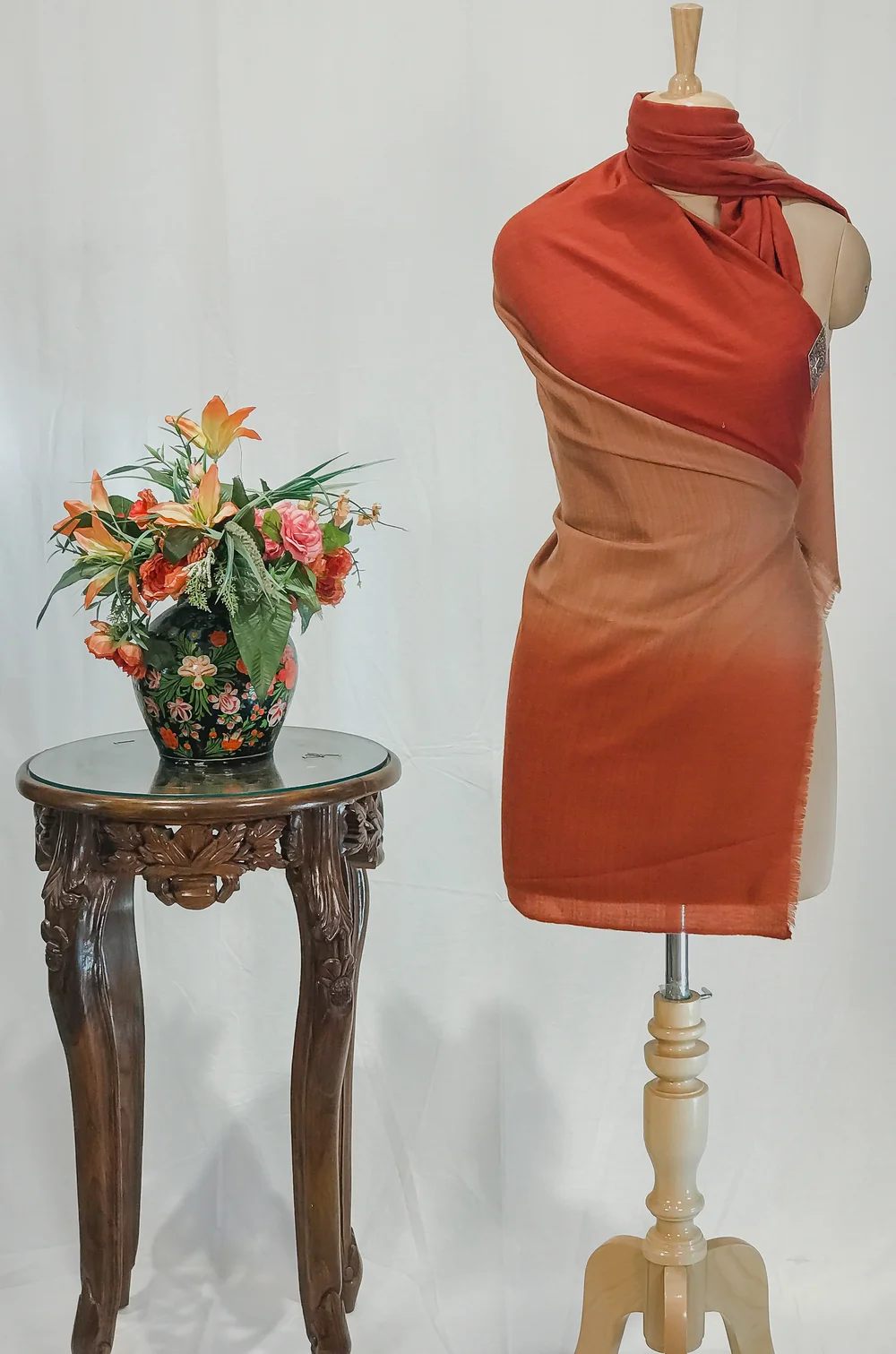 Dark Red, Fawn and Rust Pure Pashmina Ombre Shawl