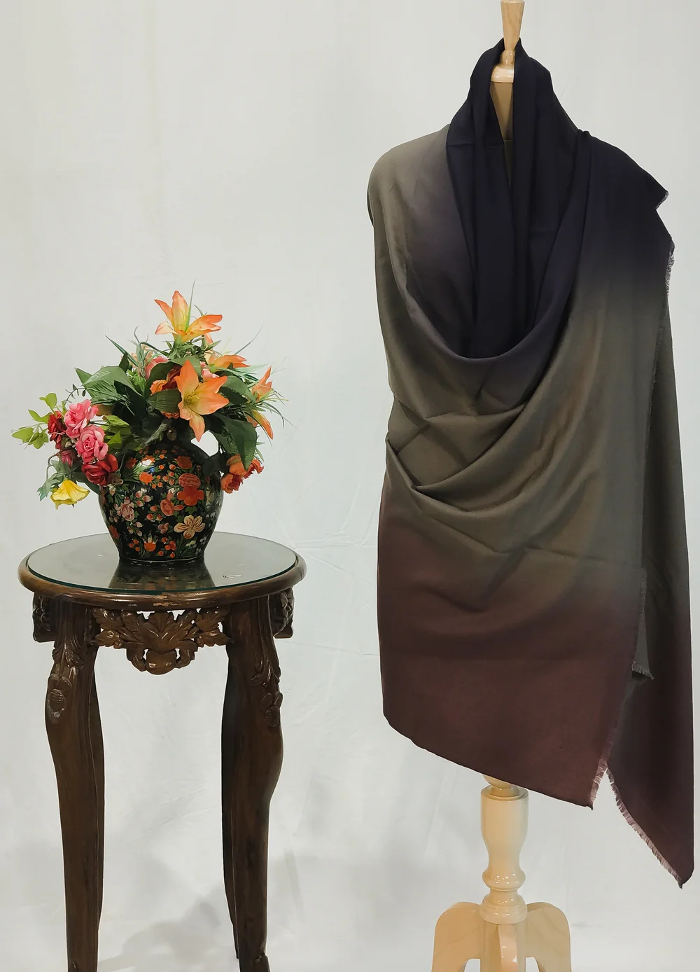 Metal Grey, Light Violet and Oxford Blue Pure Pashmina Ombre Shawl