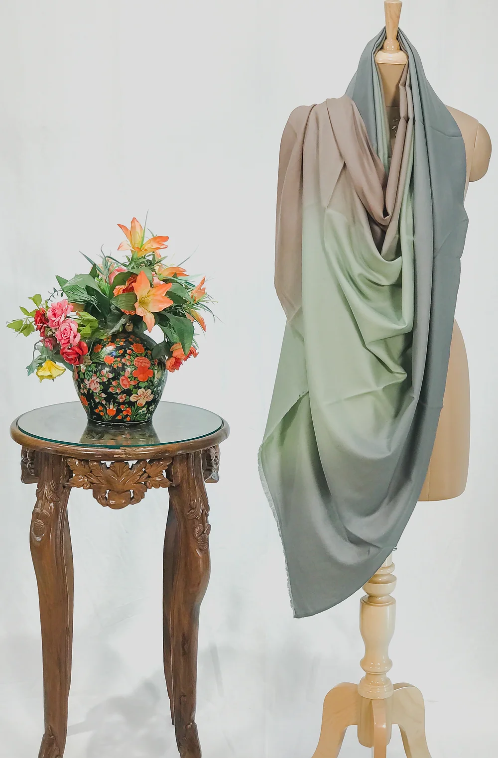 Fawn, Green and Dark Grey Pure Pashmina Ombre Shawl
