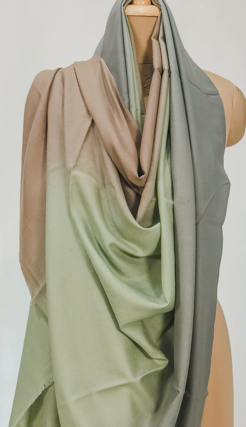 Fawn, Green and Dark Grey Pure Pashmina Ombre Shawl Front