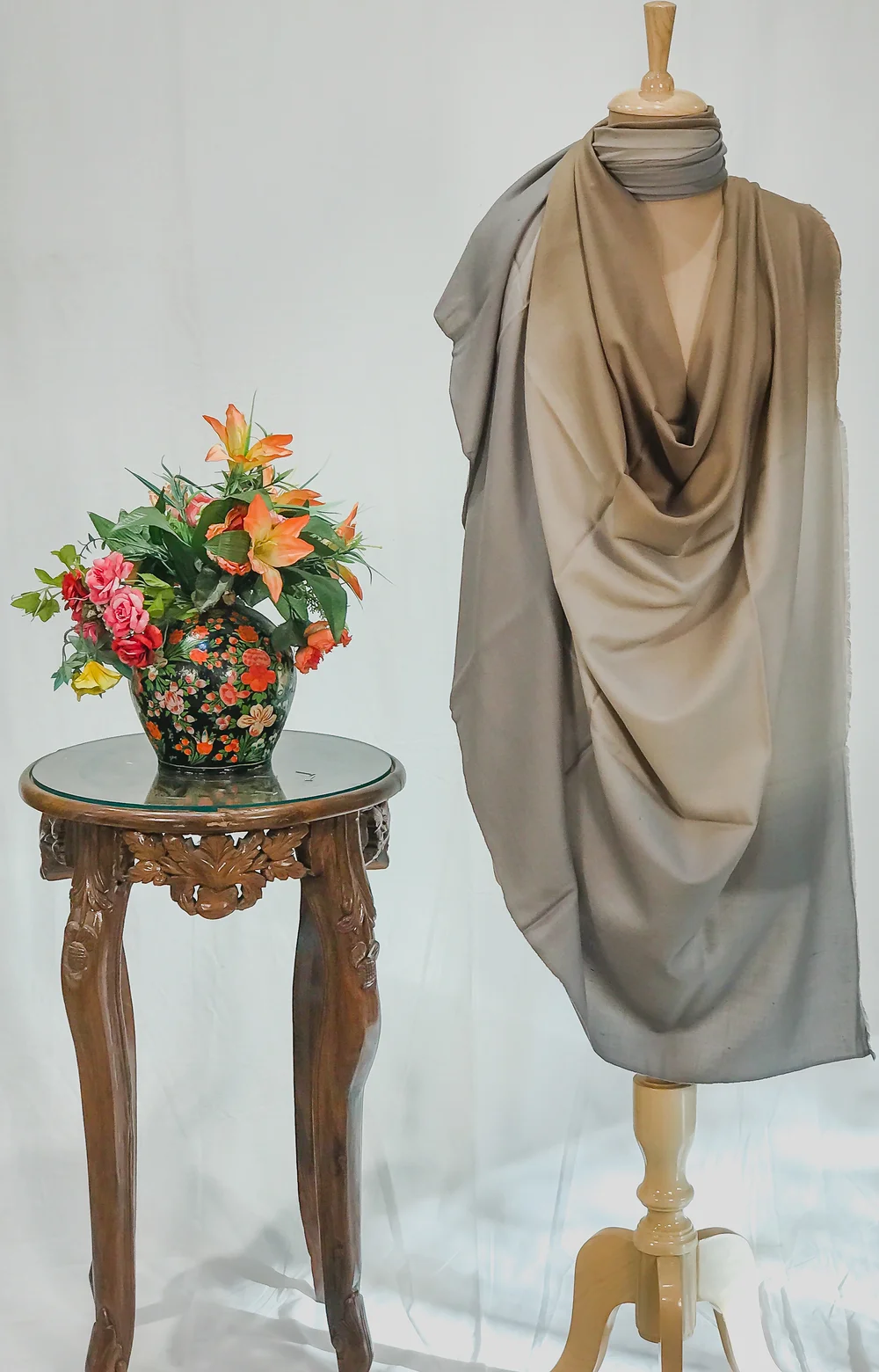 Grey, Light Brown and Light Fawn Pure Pashmina Ombre Shawl