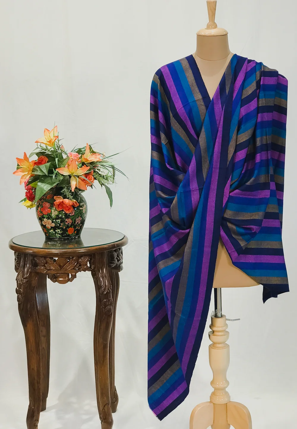Blue Striped Pure Pashmina Shawl