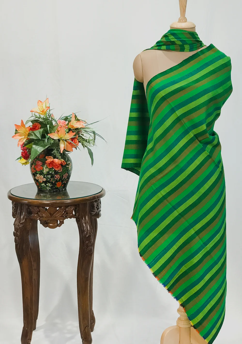 Green Striped Pure Pashmina Shawl