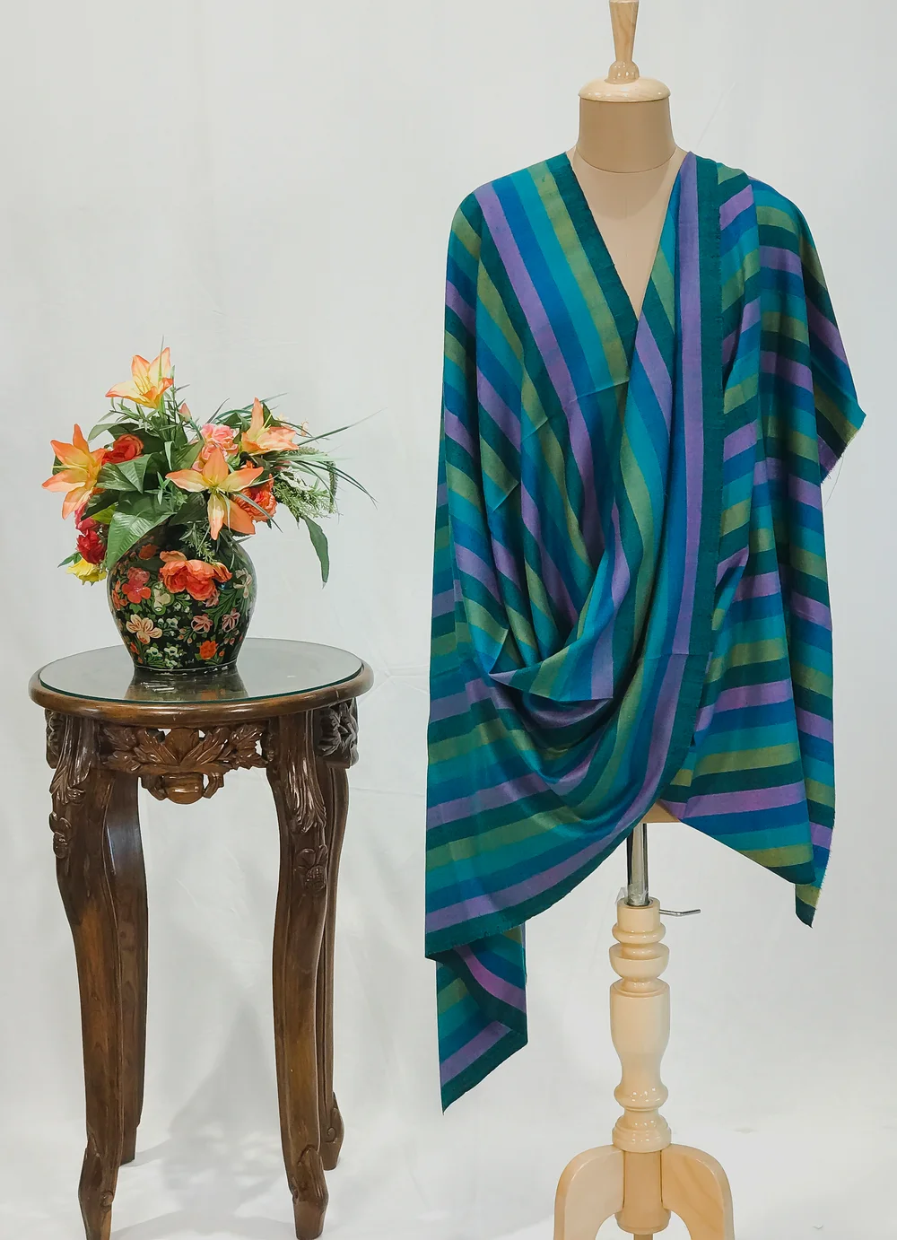Teal Striped Pure Pashmina Shawl