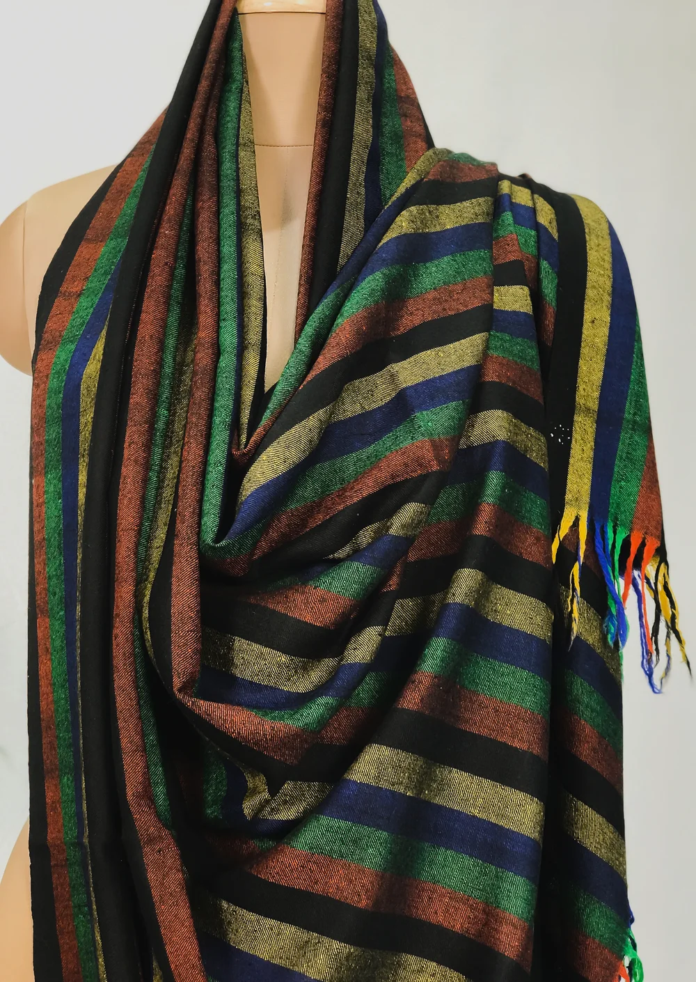 Black Striped Pure Pashmina Shawl Front Black Striped Pure Pashmina Shawl Front