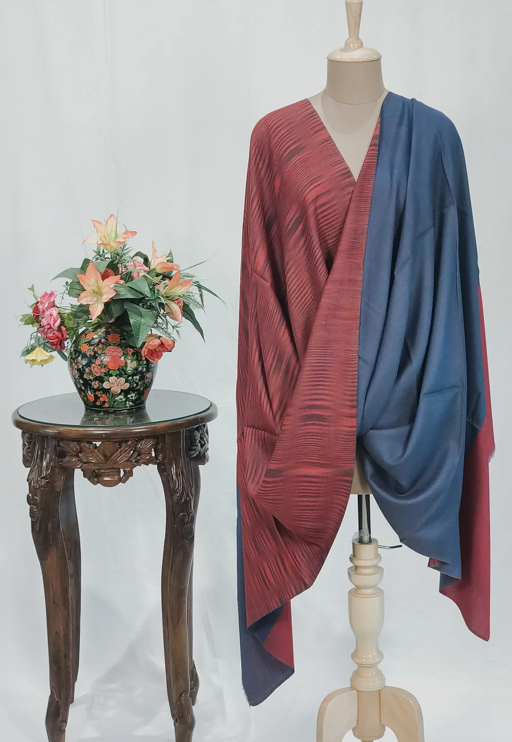 Red and Indigo Blue Space Dye Reversible Pure Pashmina Shawl
