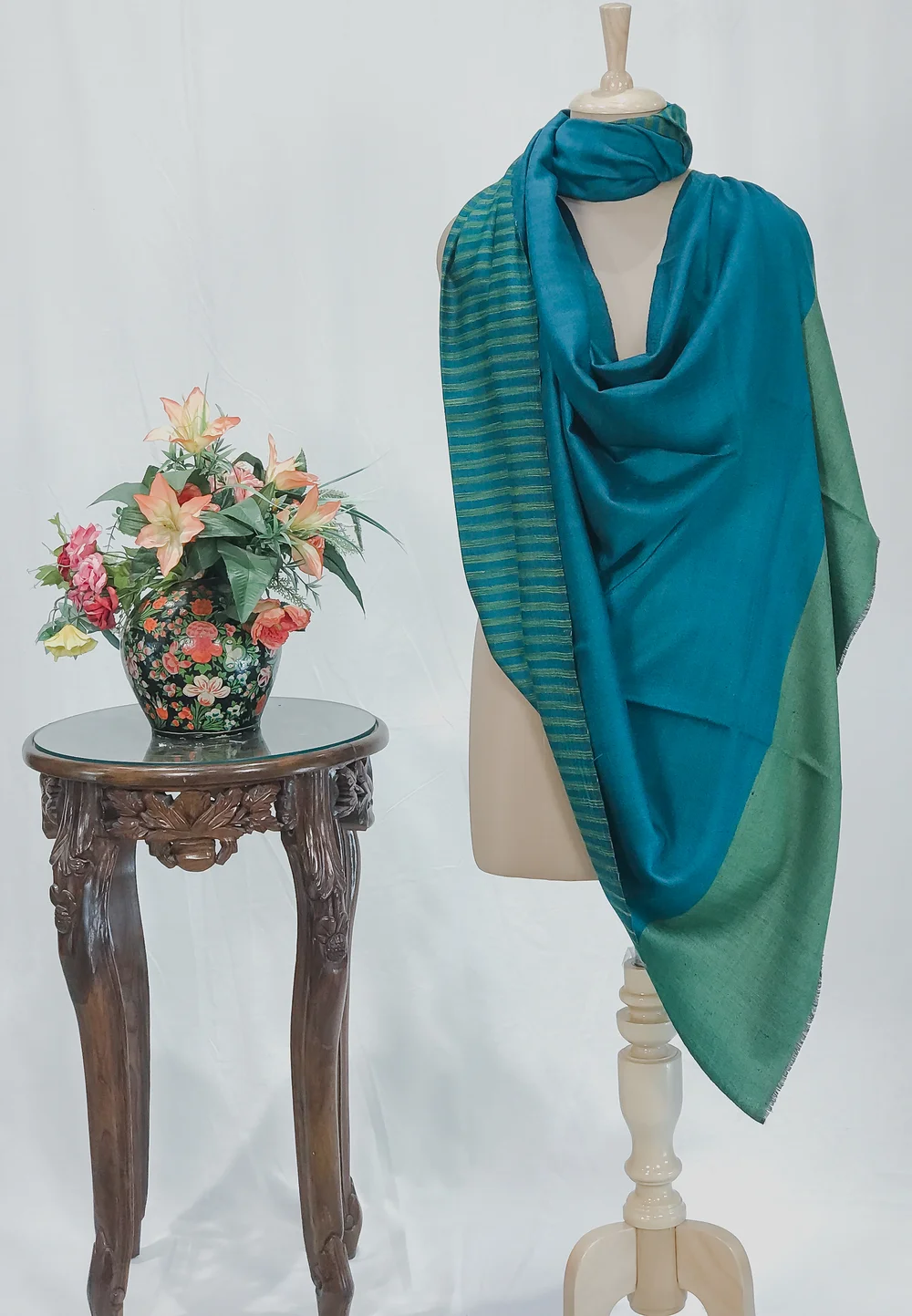 Peacock Green Space Dye Reversible Pure Pashmina Shawl