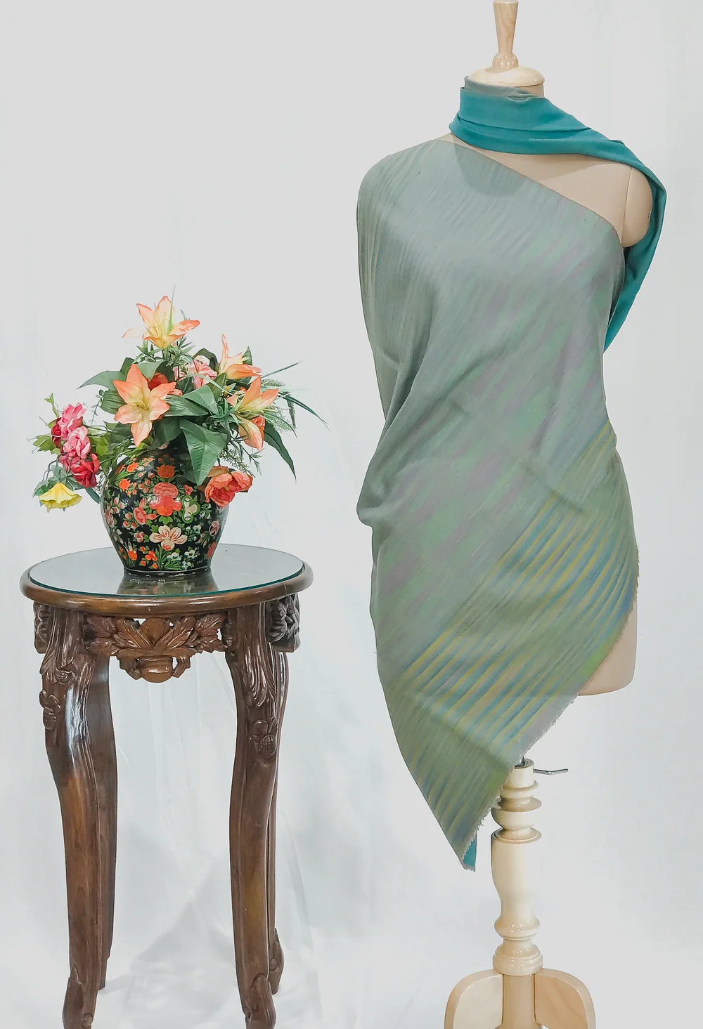 Light Teal Green and Multi-Colour Space Dye Reversible Pure Pashmina Shawl