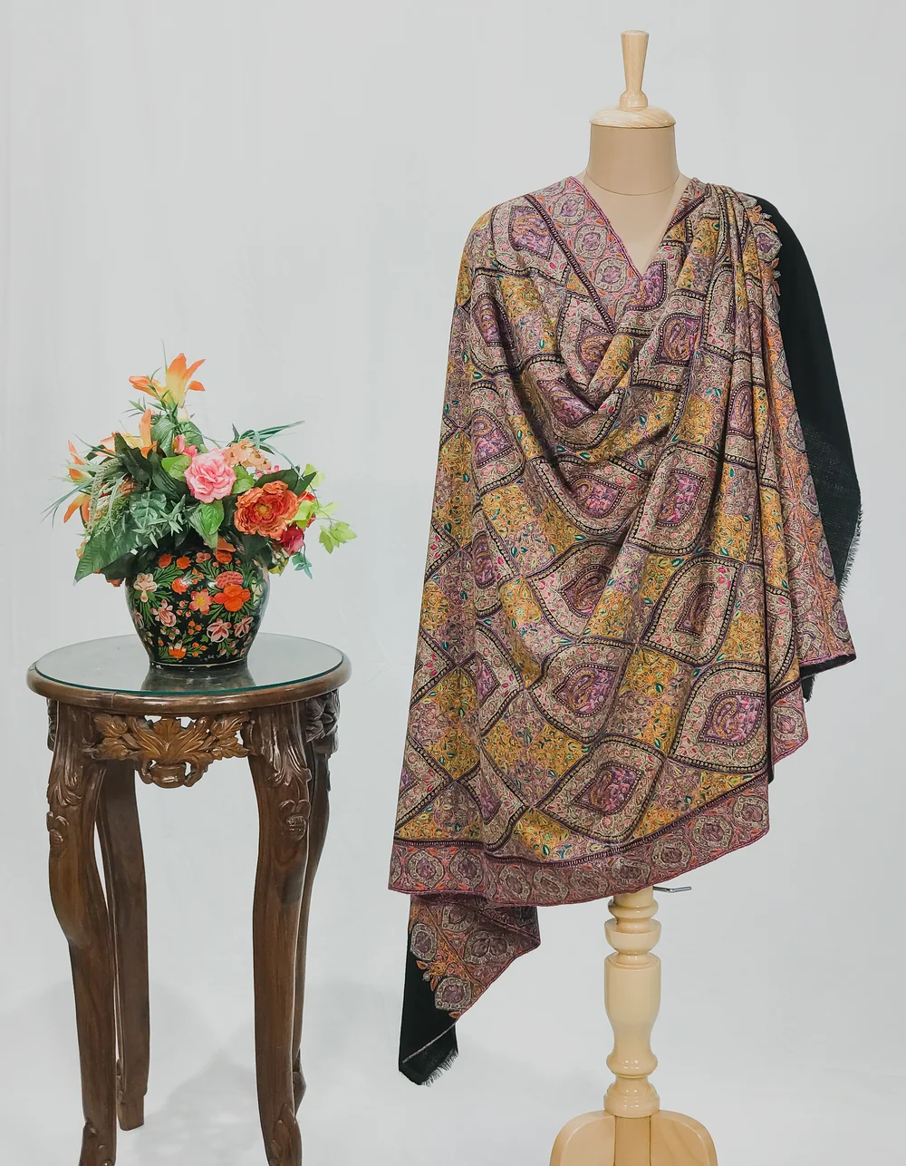 Black Pure Pashmina Shawl With Multi-Colour Sozni Jamawar Hand Embroidery