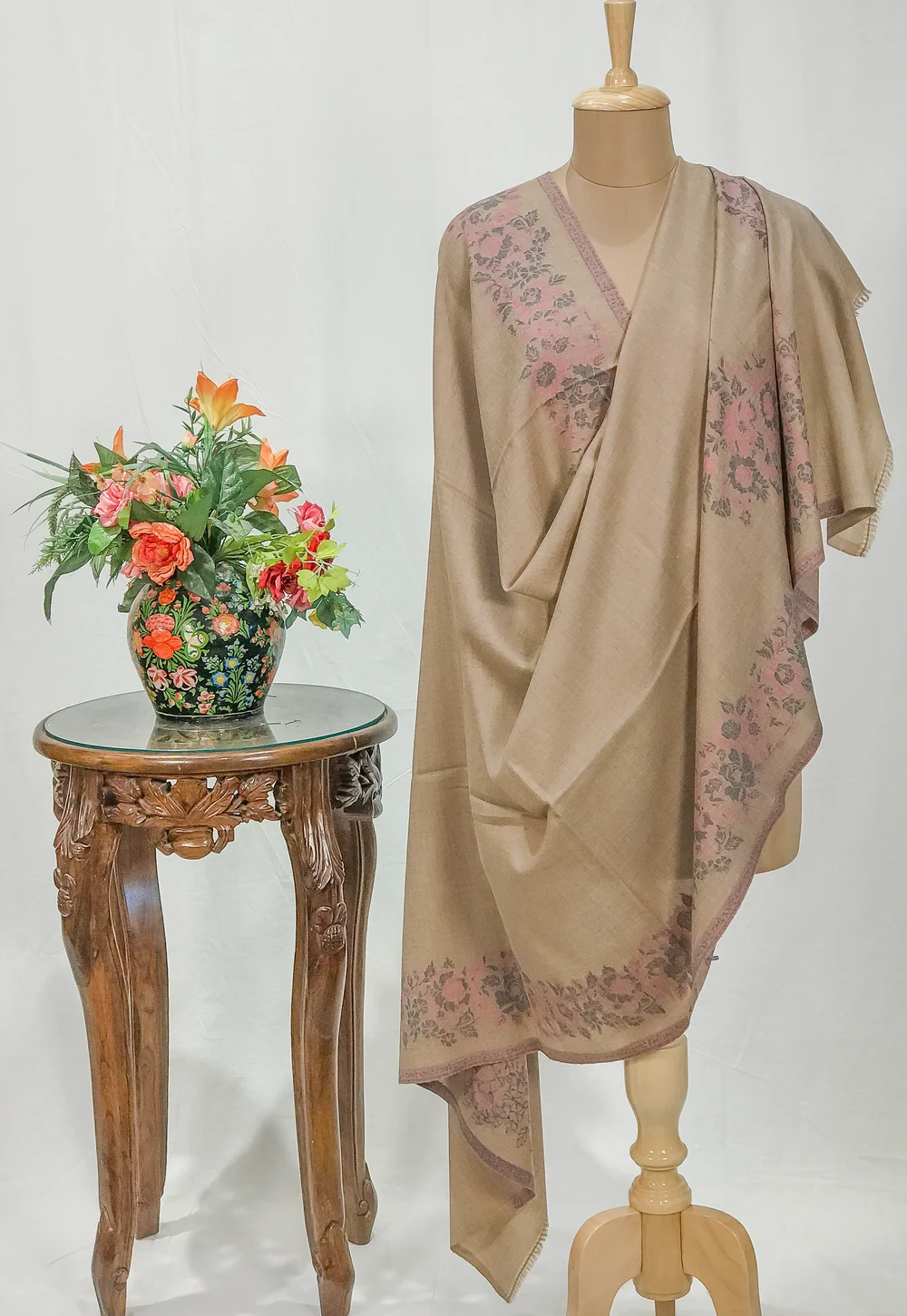 Natural Beige Pure Pashmina Shawl With Kani Border