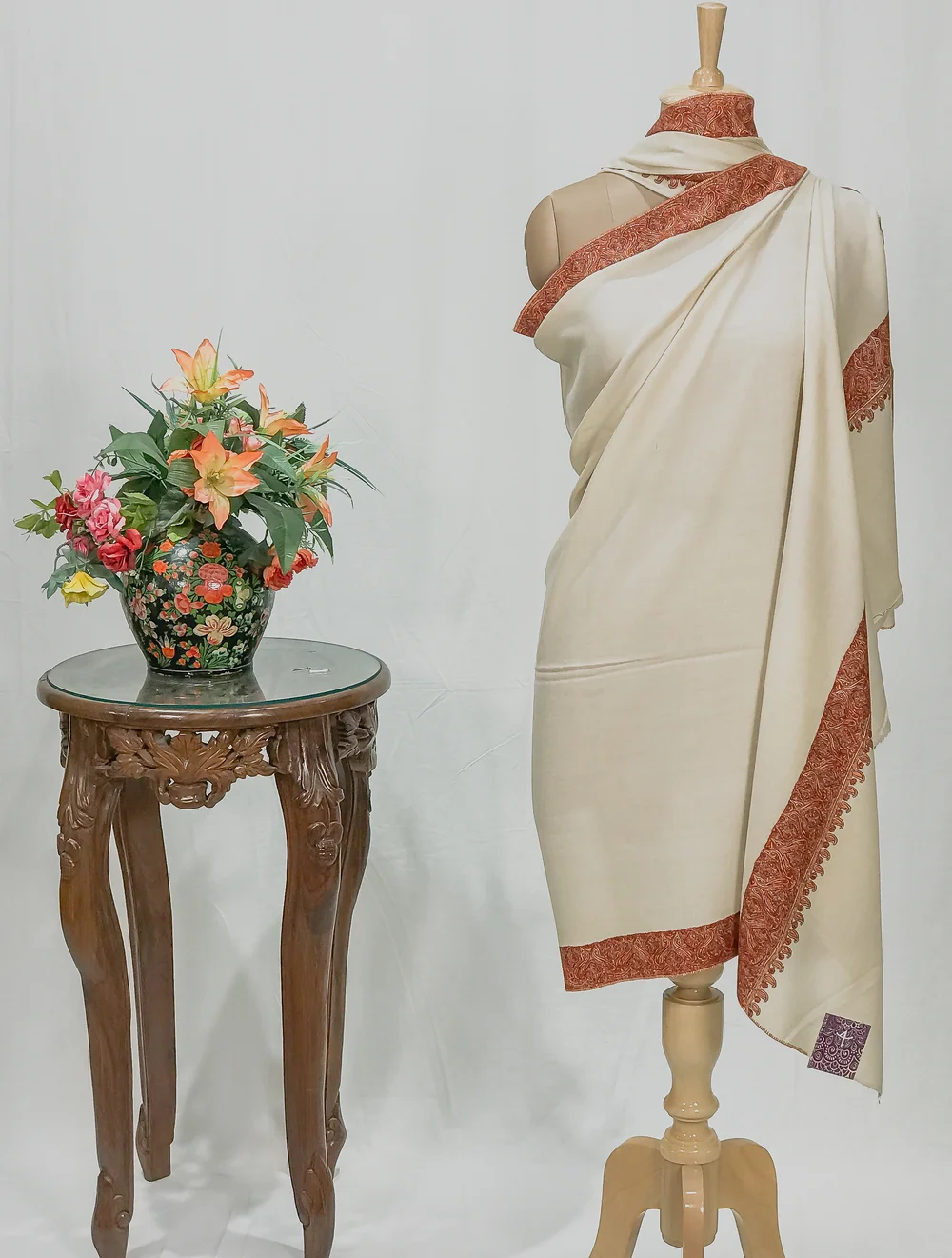 Cream Pure Pashmina Shawl With Sozni Hand Embroidery Cream Pure Pashmina Shawl With Sozni Hand Embroidery