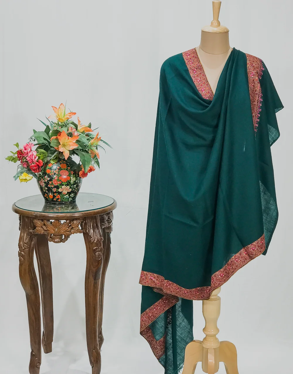 Bottle Green Pure Pashmina Shawl With Sozni Hand Embroidery Bottle Green Pure Pashmina Shawl With Sozni Hand Embroidery