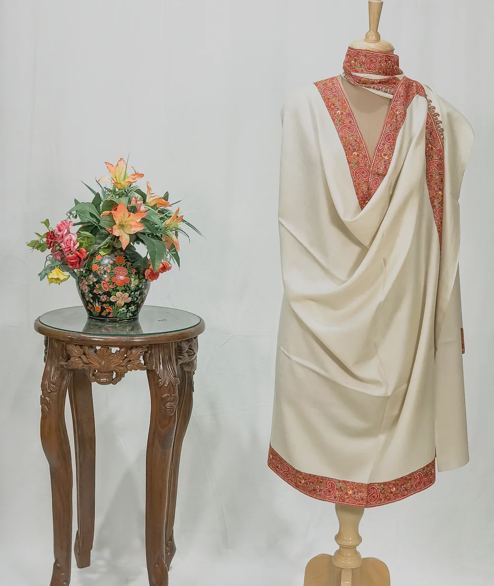 Cream White Pure Pashmina Shawl With Sozni Hand Embroidery