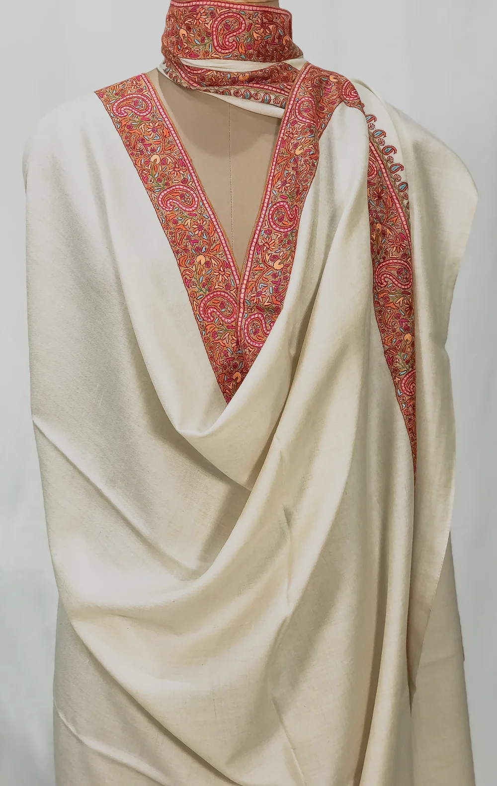 Cream White Pure Pashmina Shawl With Sozni Hand Embroidery Front