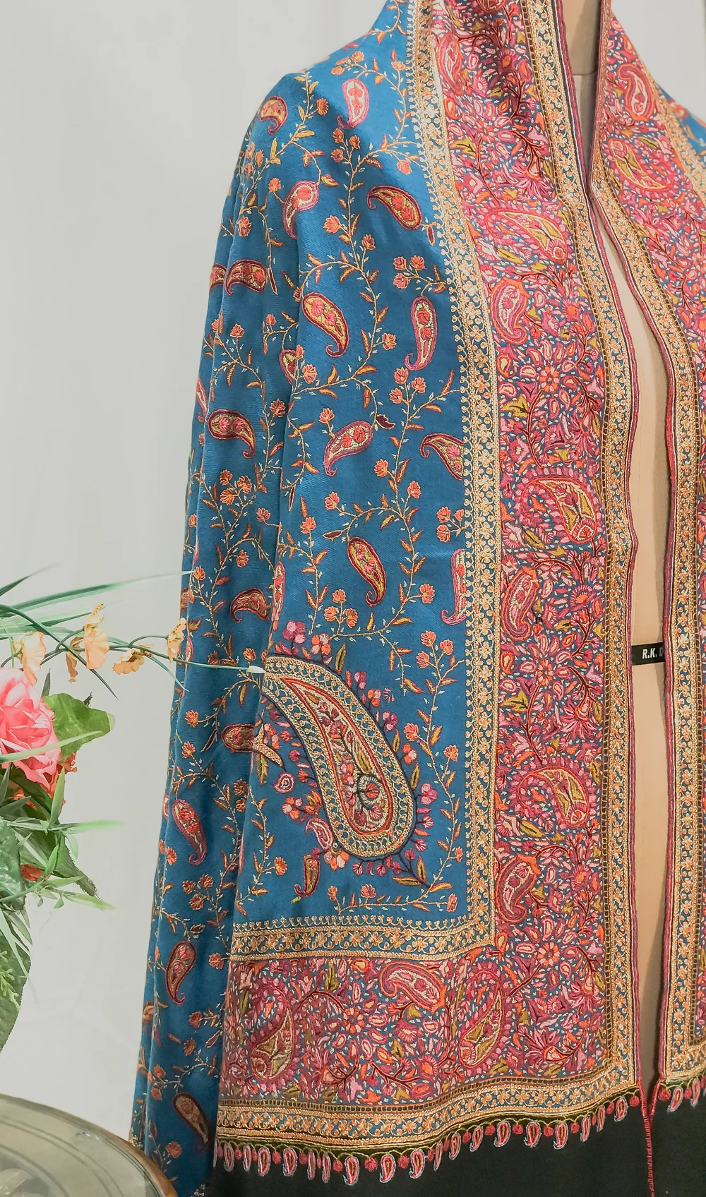 Blue And Black Pure Pashmina Shawl With Sozni And Tilla Jaal Hand Embroidery Fusion Front