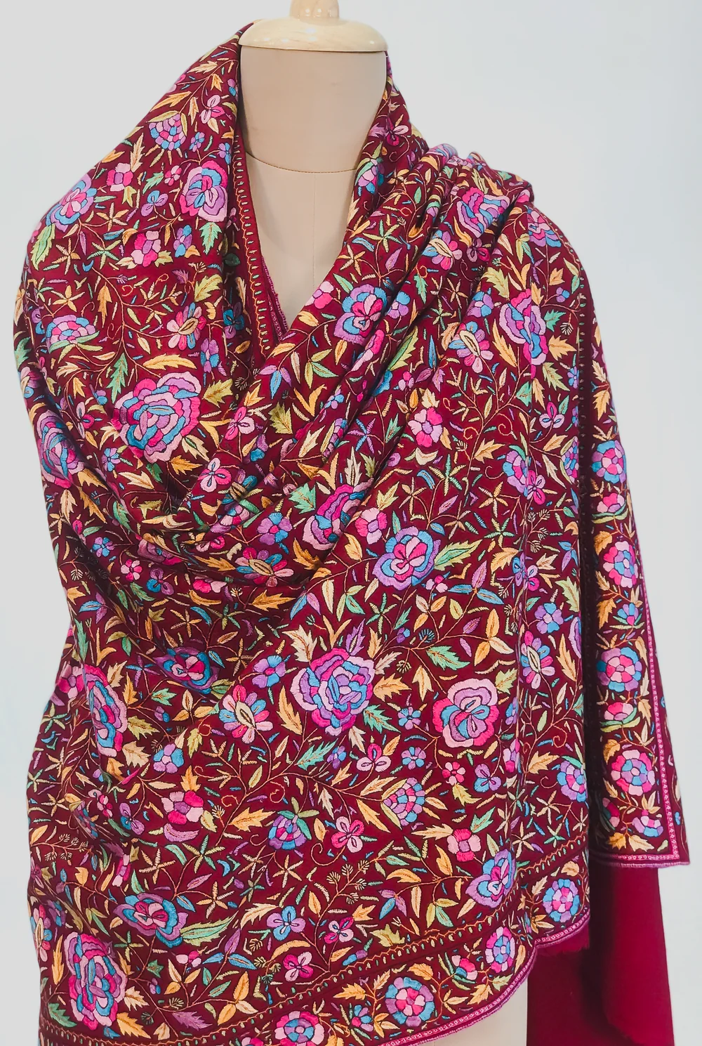 Maroon Hand Papier Mache Jamawar Pure Pashmina Shawl Front