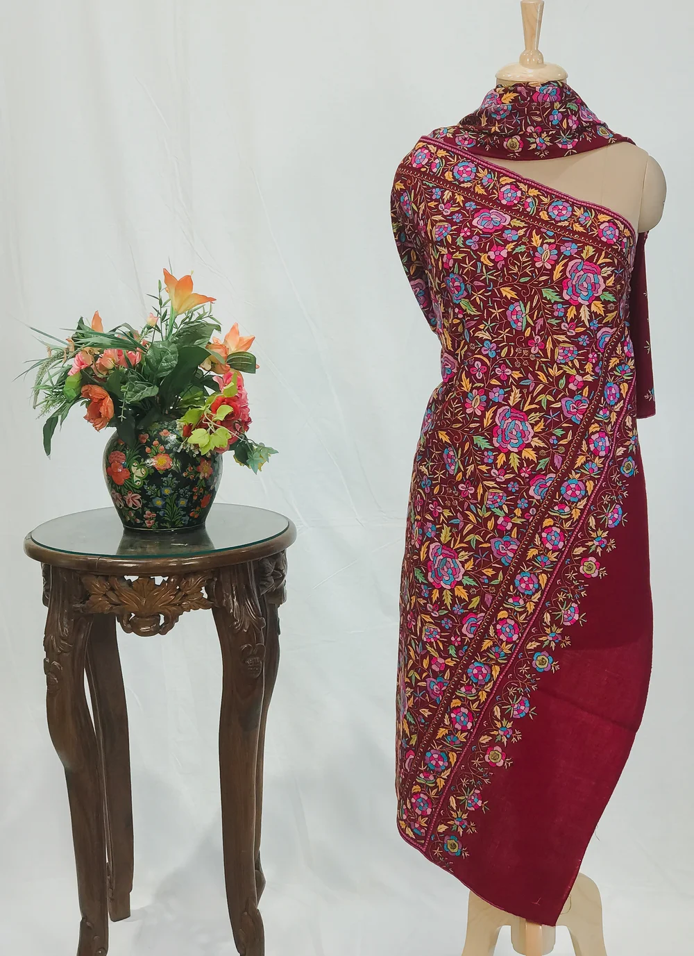 Maroon Hand Papier Mache Jamawar Pure Pashmina Shawl