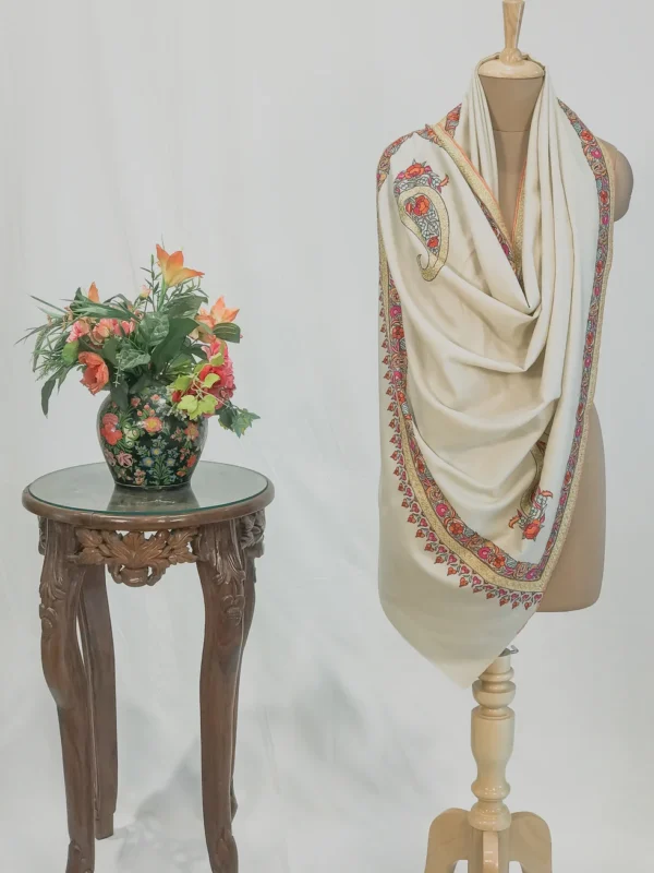 Off-White Pure Pashmina Shawl With Papier Mache And Tilla Hand Embroidery