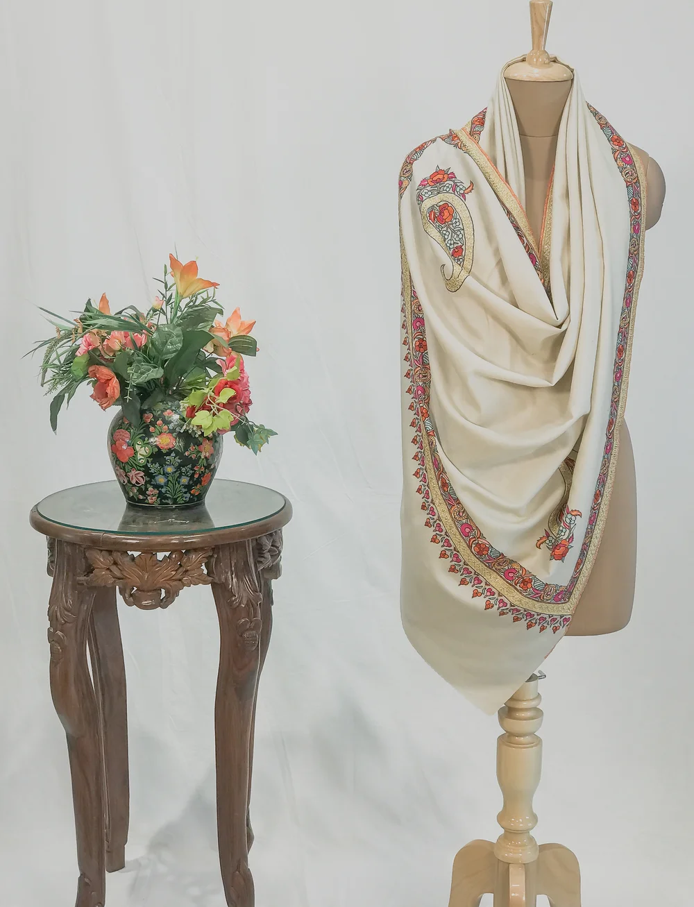 Off-White Pure Pashmina Shawl With Papier Mache And Tilla Hand Embroidery