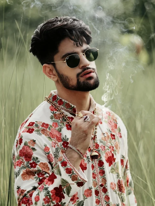 White Men Long Coat with Kashmiri Embroidery close up