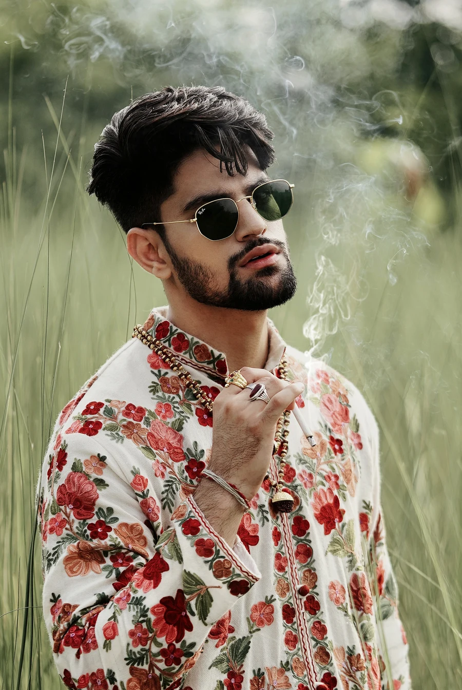 White Men Long Coat with Kashmiri Embroidery close up